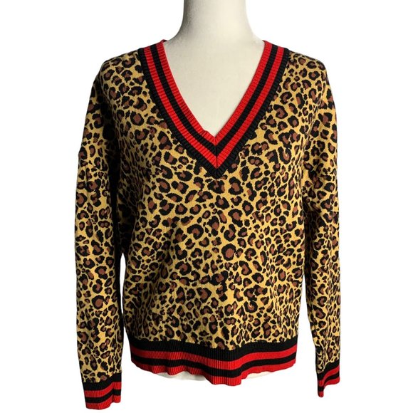ASOS Sweaters - Asos Leopard Print V Neck Sweater 4 Brown Ribbed Knit Sport Trim Long Sleeves